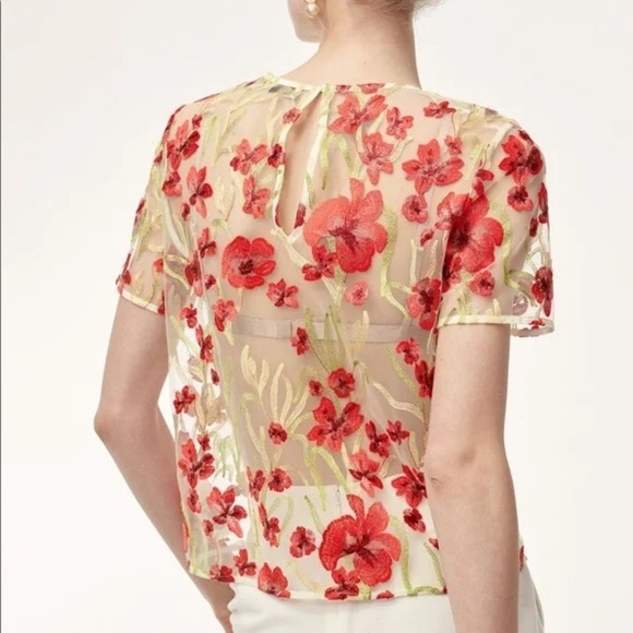 [XXS]Aritzia Little Moon Hoya Scarlet Poppy Floral Embroidered Sheer Top Blouse - Picture 2 of 7
